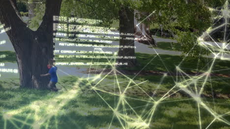 network connections and data processing animation over child playing in park