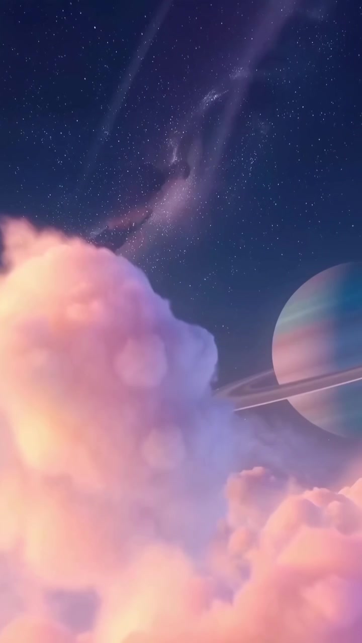 Surreal Space Landscape with Clouds and Saturn-like Planet