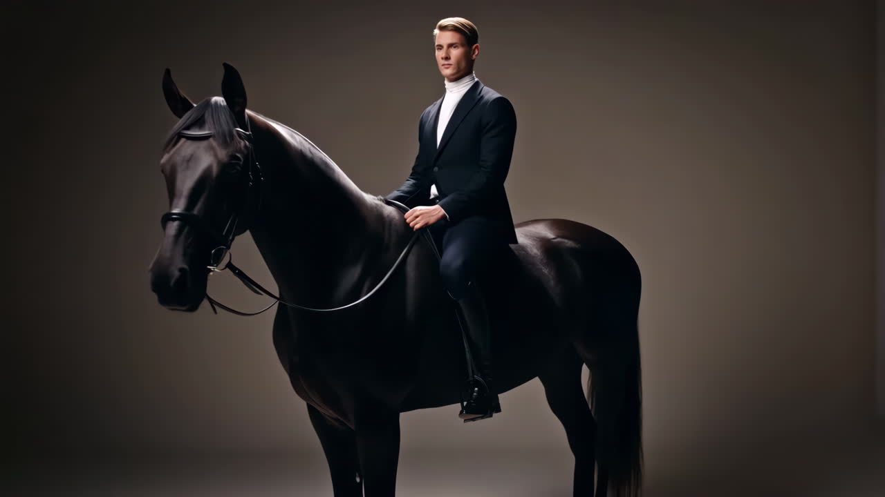 Hombre elegante en un caballo oscuro