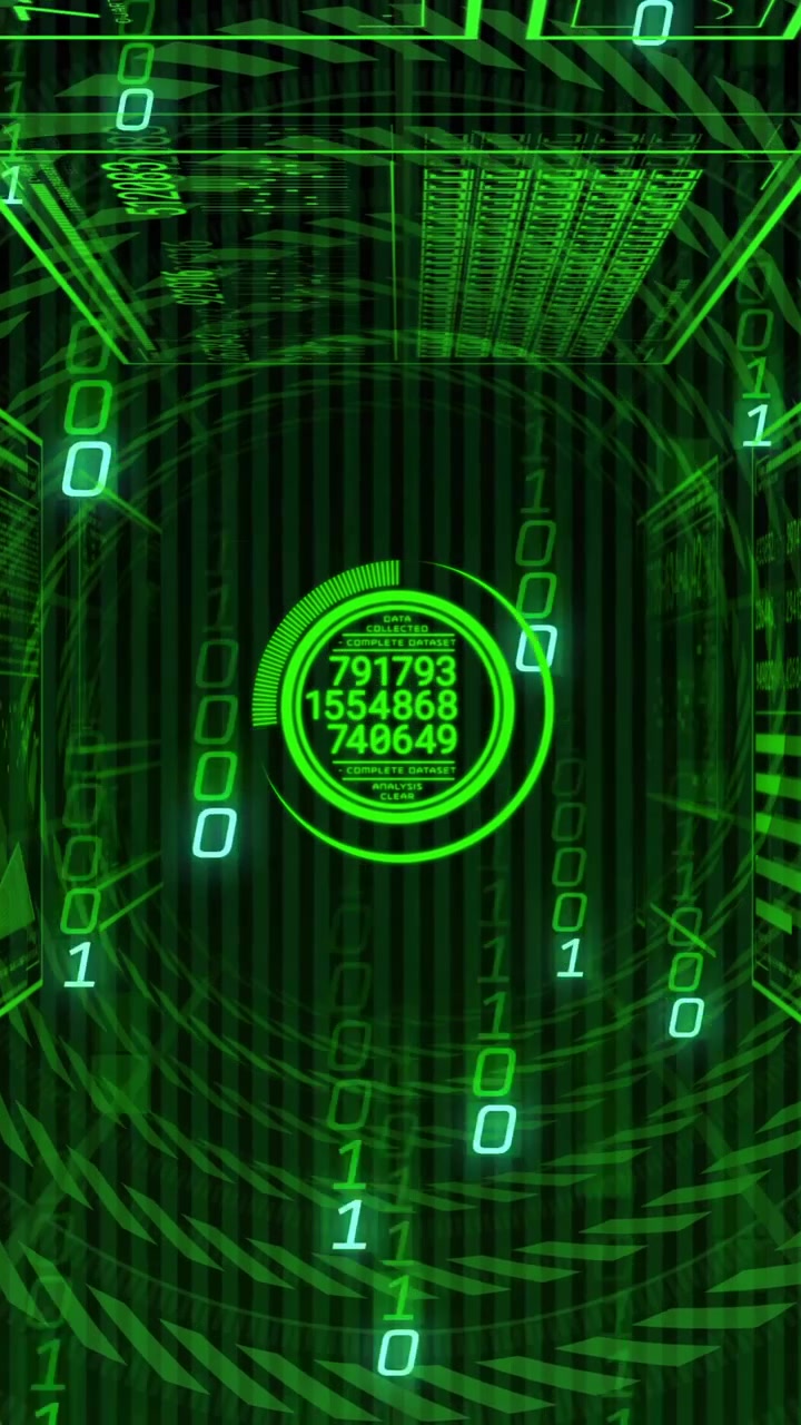 Animation of digital tunnel with binary code and numbers in green futuristic design