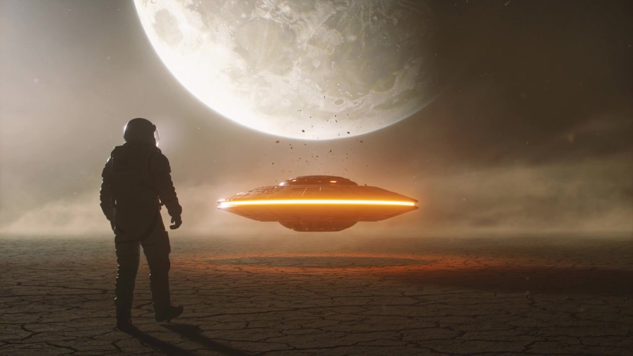 Avvistando un UFO in bilico, un esploratore in tuta cammina su una pianura sotto la luna per ispezionare il velivolo, con spazio per il testo.