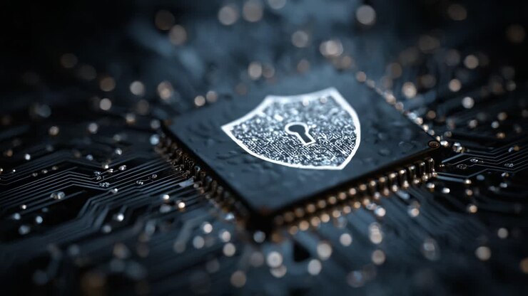 Exploring the Intricacies of Cybersecurity: A Close-Up on a Microchip Featuring a Shield Icon that Represents Data Protection and Digital Security Innovations