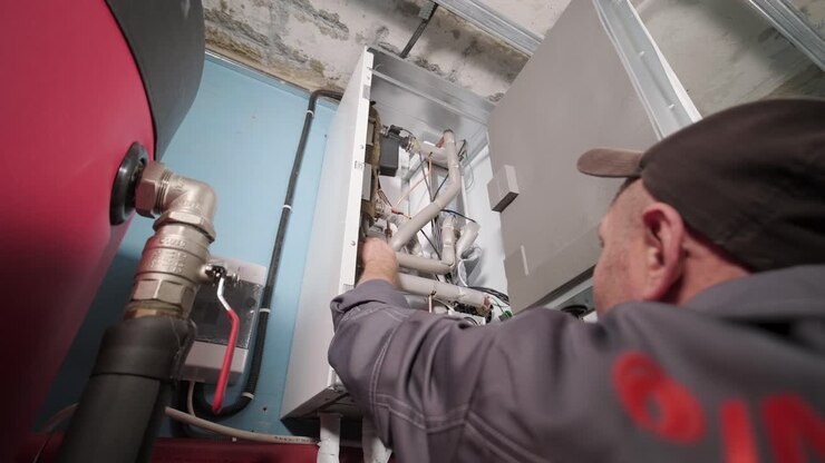 HVAC technician installs heating, ventilation and air conditioning systems on site