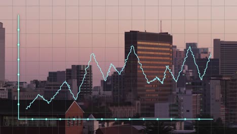 animación del procesamiento de datos financieros sobre el paisaje urbano