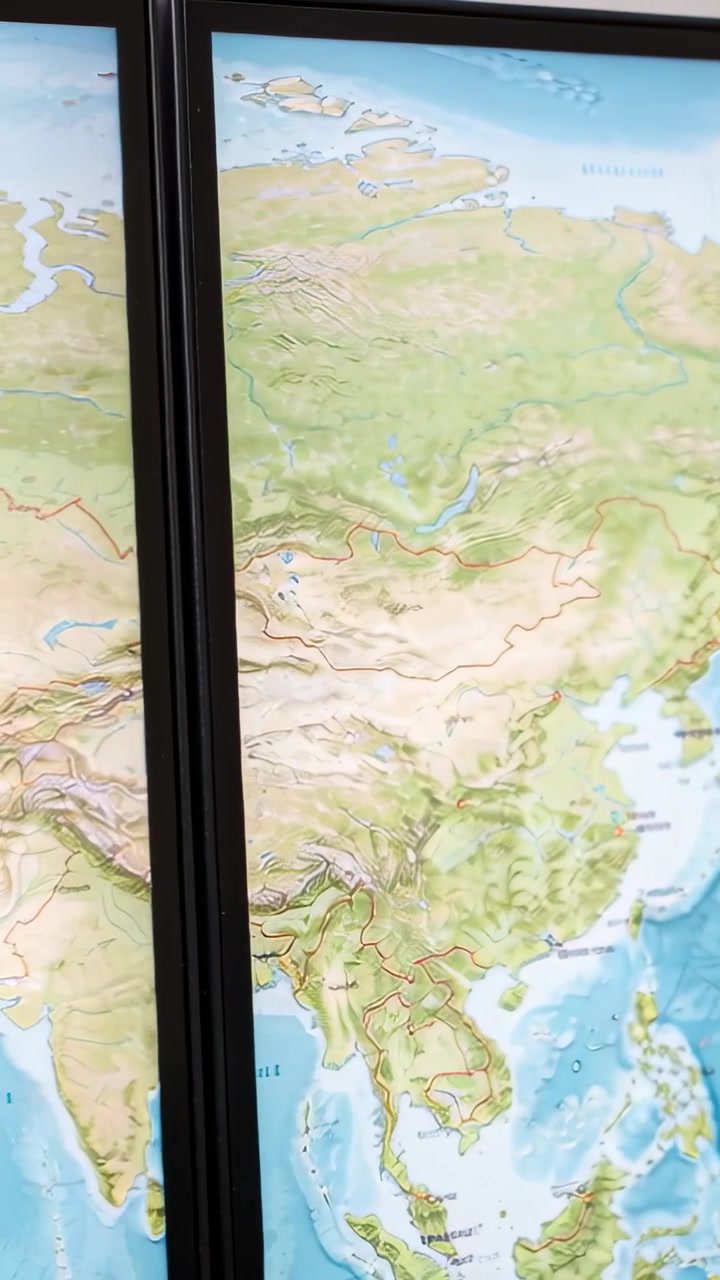 Vertikal video: Panorerende kamera fejer hen over et vægreliefkort i et klasseværelse, viser Himalaya og en skillevæg.