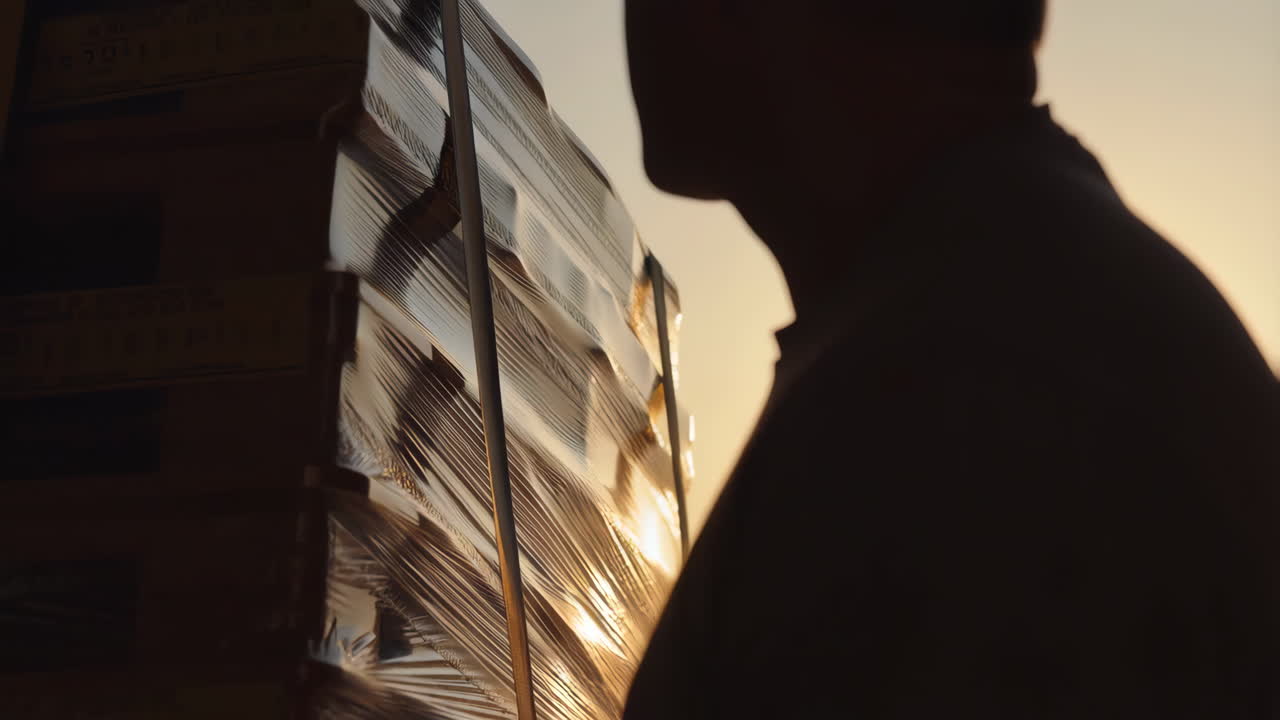 Persona in silhouette accanto a pacchi impilati e avvolti nella plastica