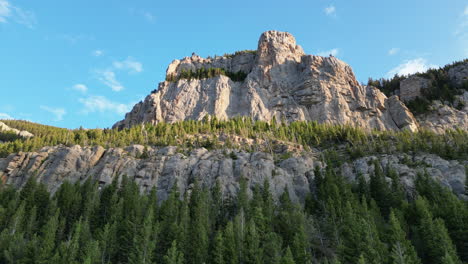 mountain peak above evergreen forest with blue sky in the background