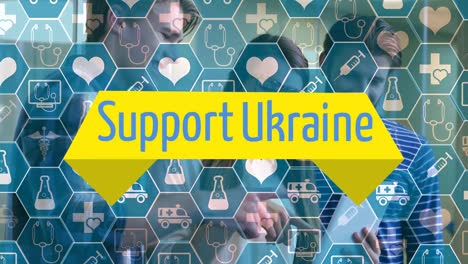 Animation-of-medical-icons-and-support-ukraine-text-over-diverse-group-of-people