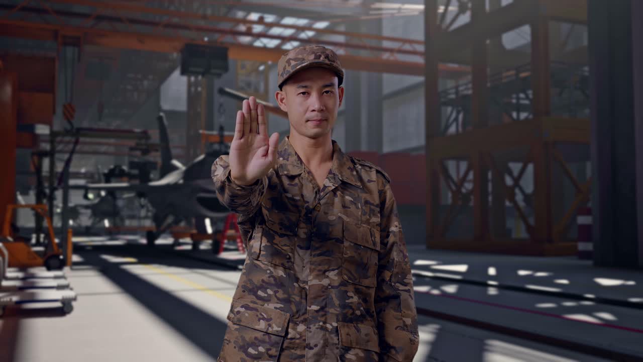 Soldat i camouflageuniform laver stopgestus