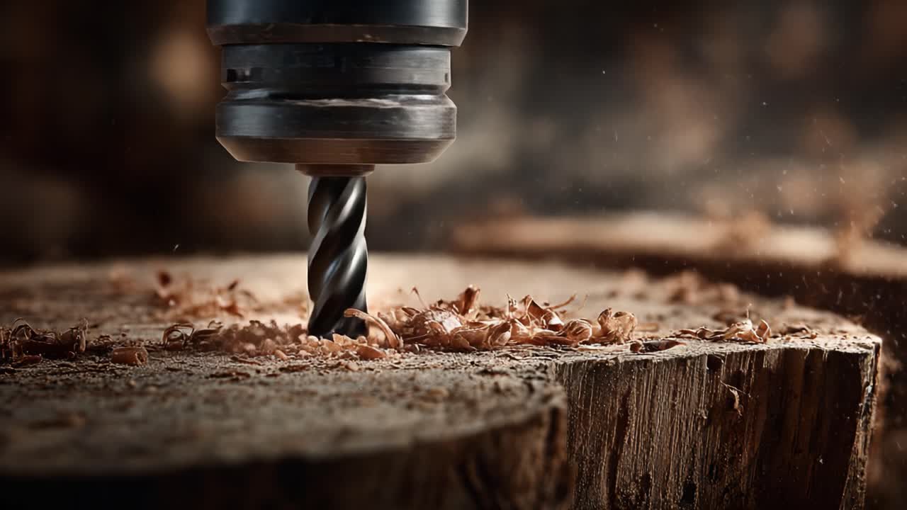 Complesso processo di lavorazione del legno che mostra una punta da trapano che lavora su una superficie di legno, catturando l'essenza dell'artigianato e la precisione degli elementi di design.