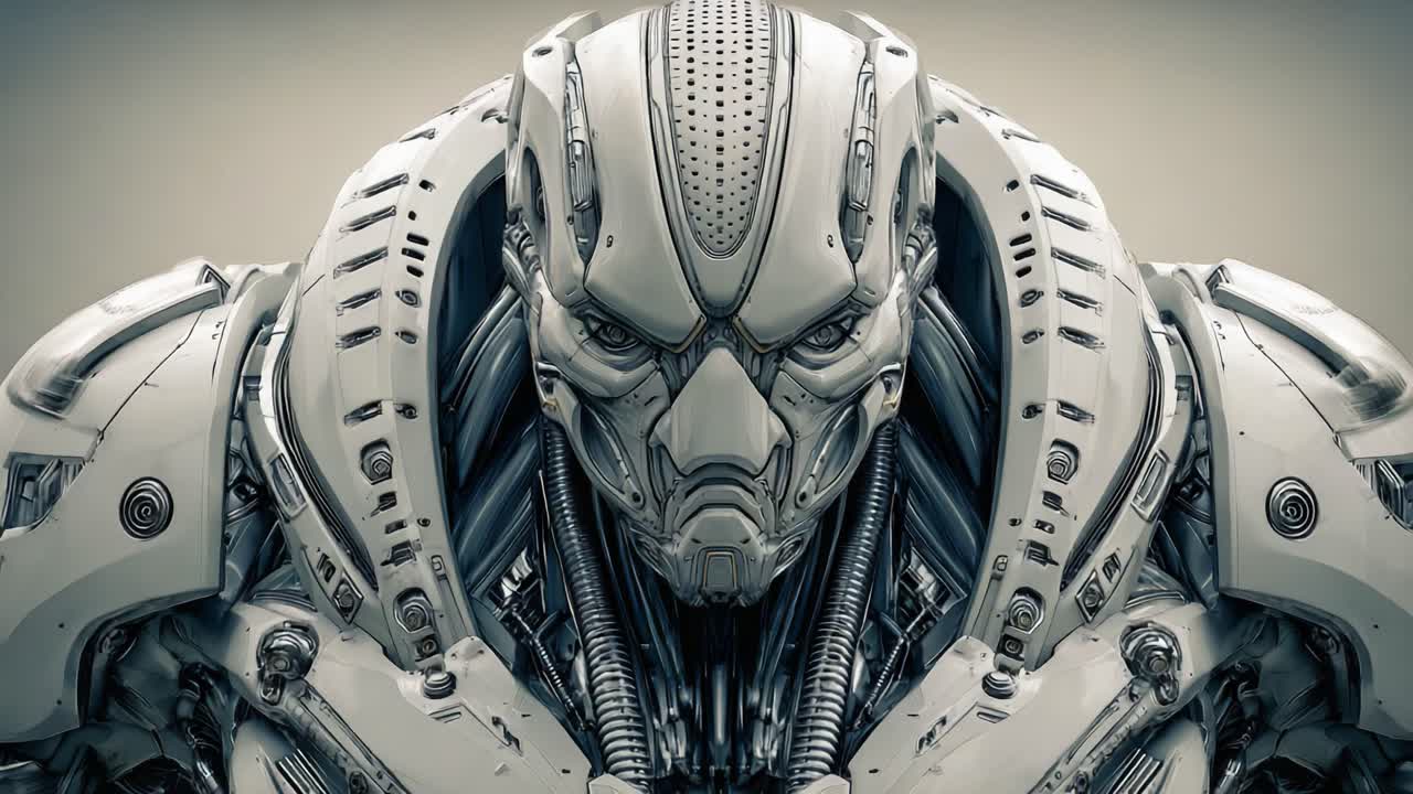 Futuristic Cybernetic Being: A Close-Up Encounter with a Highly Advanced Robotic Entity Featuring Intricate Details and Glowing Eyes, Highlighting Technology's Evolution