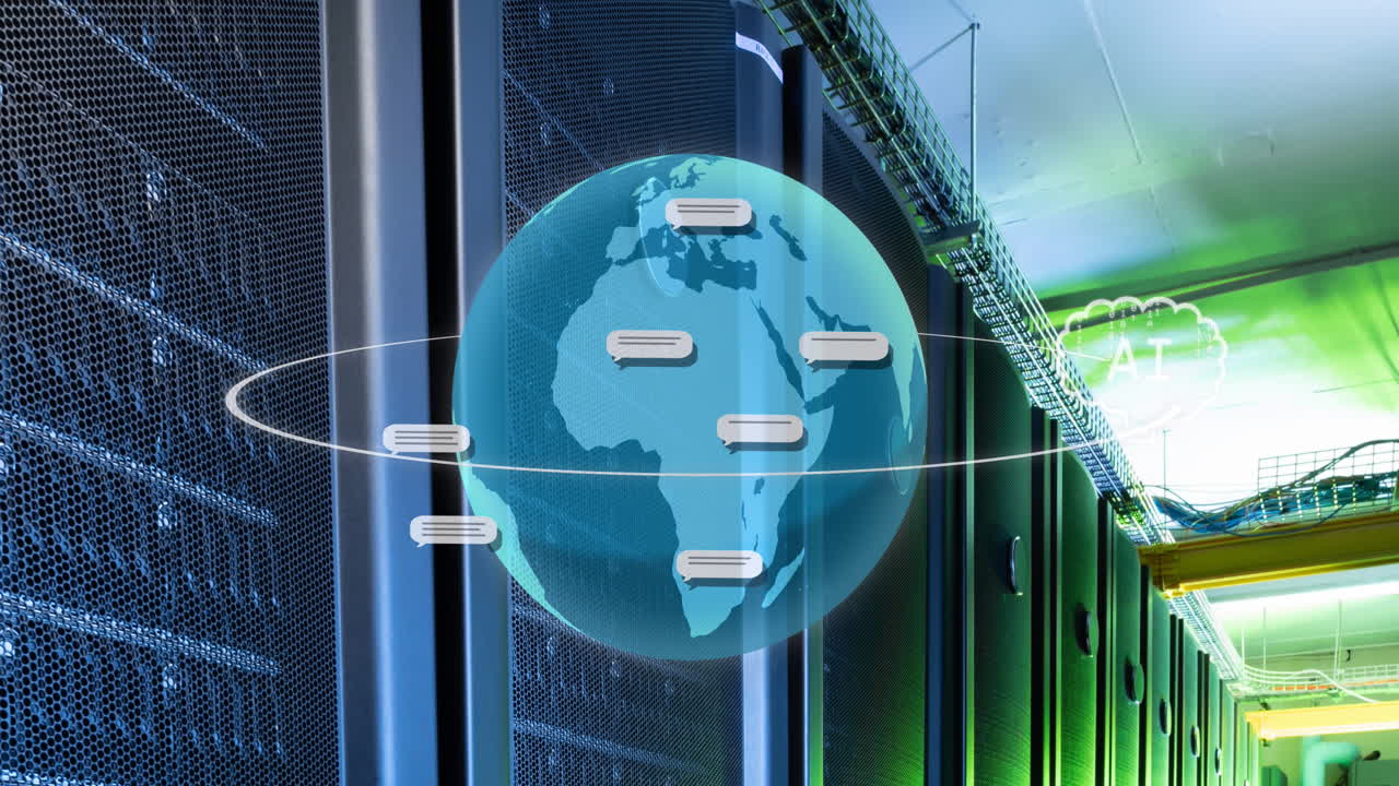 ai 아이콘과 서버로 전 세계에 대한 ai 데이터 처리의 애니메이션