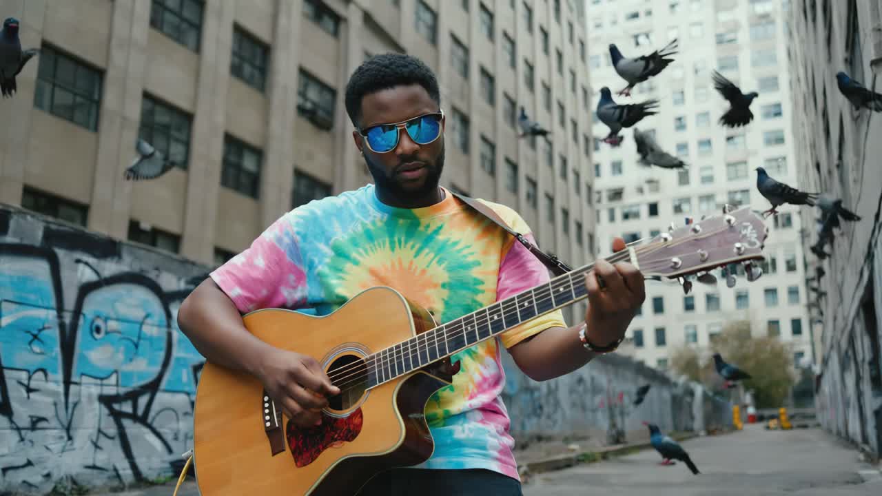Man playing guitar in urban setting with pigeons