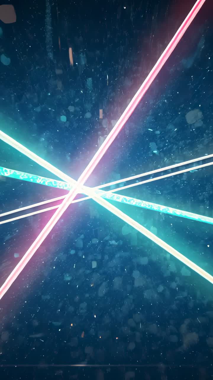 Vertical video: Starting magenta and turquoise beams intersecting in dark void, drifting particles