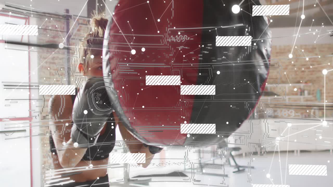 Female boxer throwing jabs at heavy bag in fitness studio, causing bag swinging and HUD animating