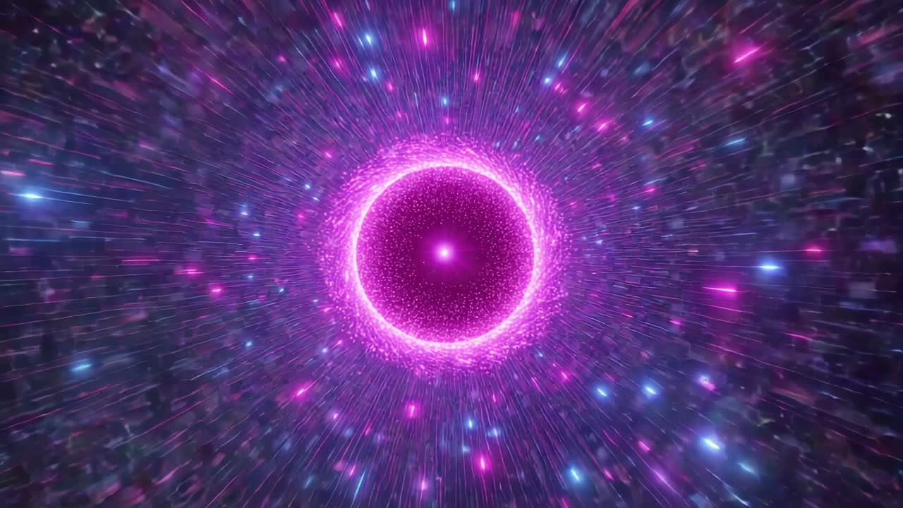 Emerging magenta ring circling core releasing pink-blue streaks through warp tunnel, with particles