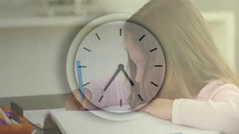 clock animation over young girl drawing with pencil on white paper