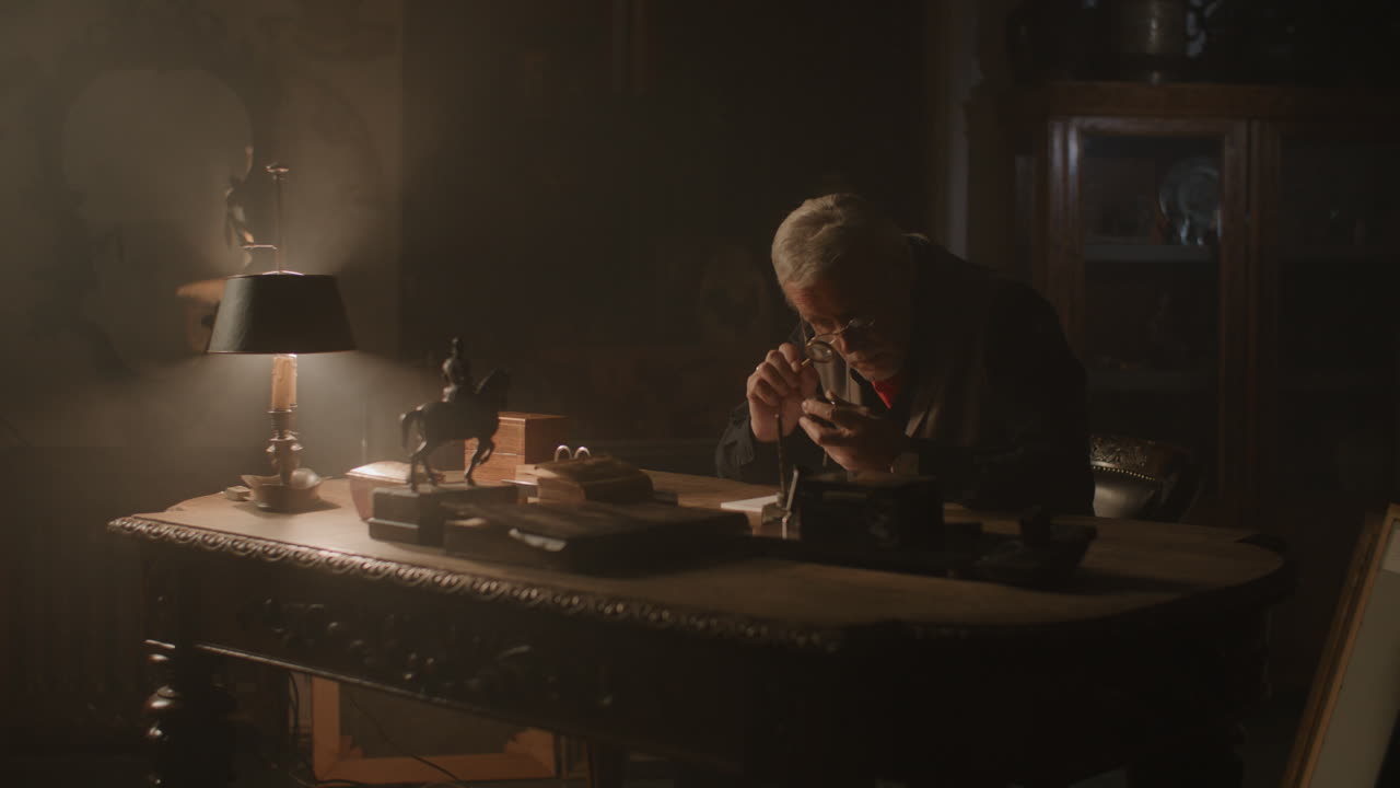 Older passionate man evaluates an old silver skull watch in his office at night