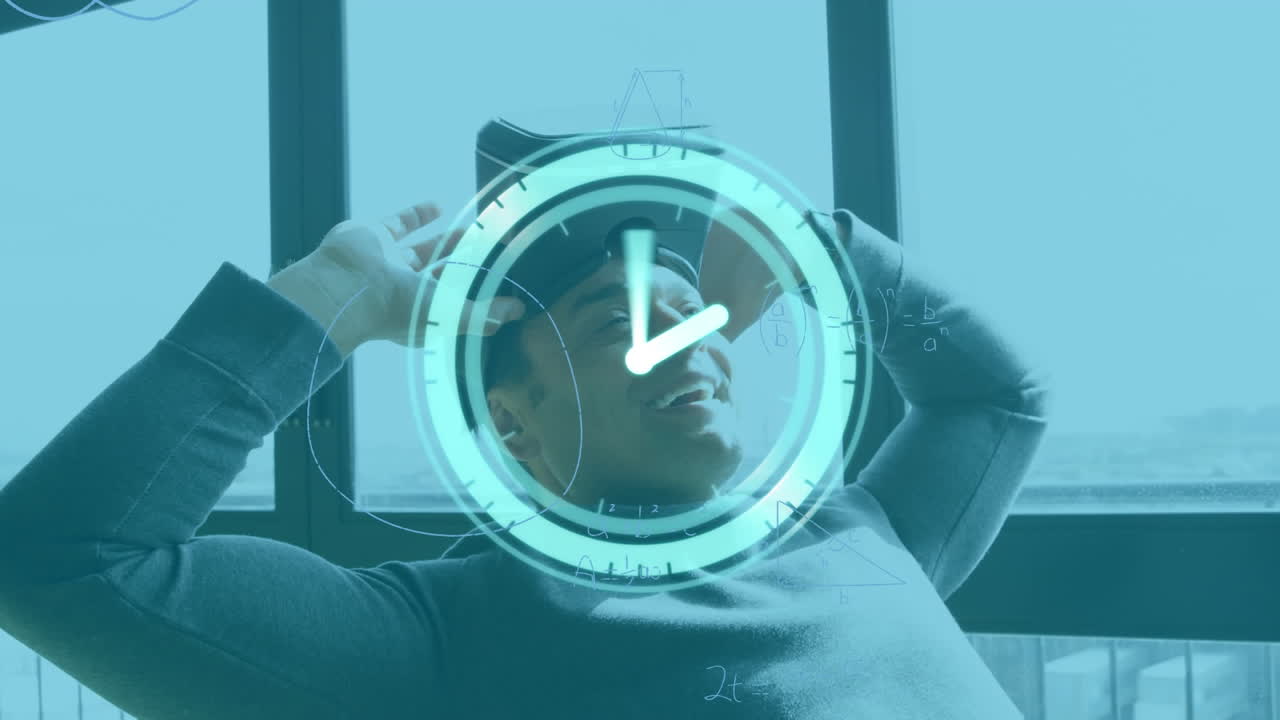 Animation of clock and mathematical formulas over businessman using vr headset