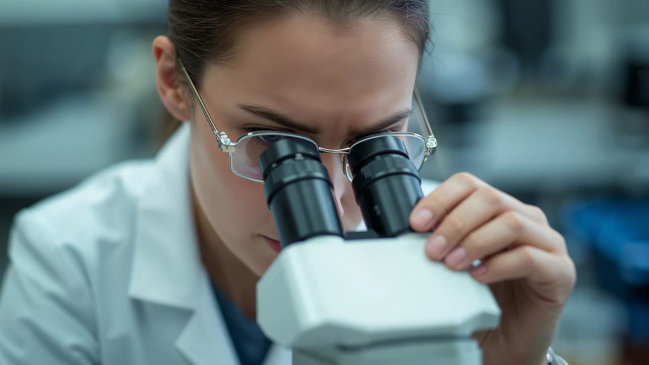 Leaning lab tech aligning scope eyepiece, tweaking focus, viewing specimen in white coat and specs