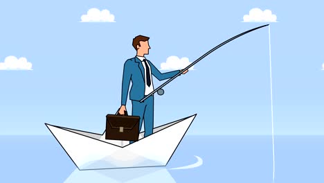 flat cartoon businessman character fisher with fishing rod floating on paper boat businesss concept animation