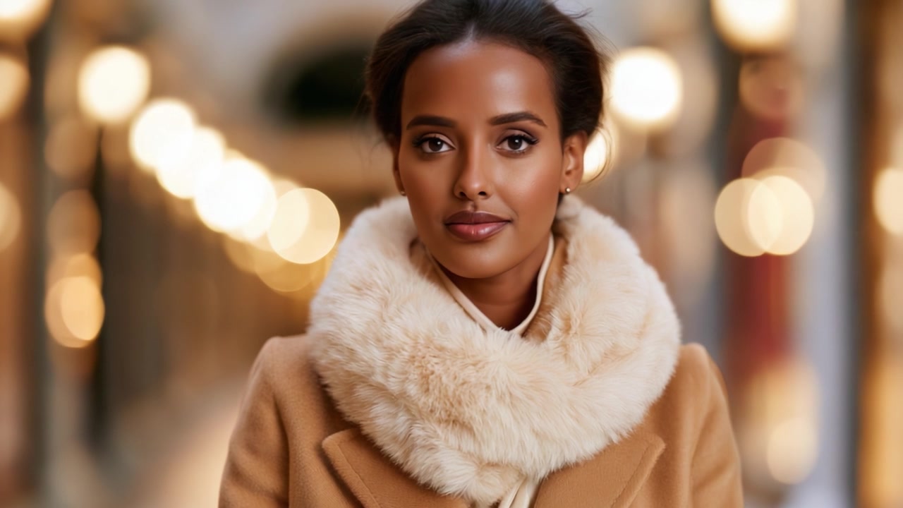 Una donna elegante con una lussuosa sciarpa di pelliccia e un cappotto raffinato sta in piedi con sicurezza, irradiando un fascino alla moda su uno sfondo caldo e luminoso di luci