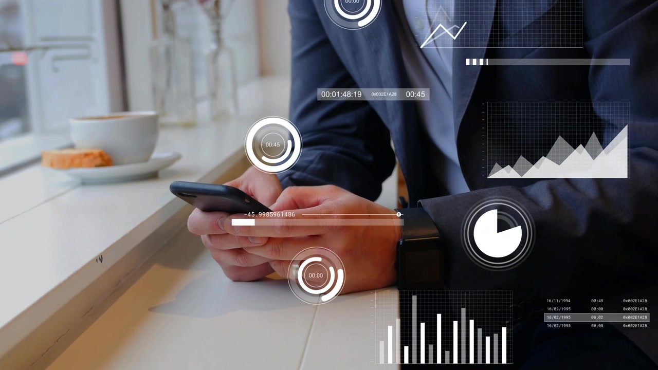 Mature businessman tapping smartphone and monitoring finance HUD, charts rising and overlaying cup