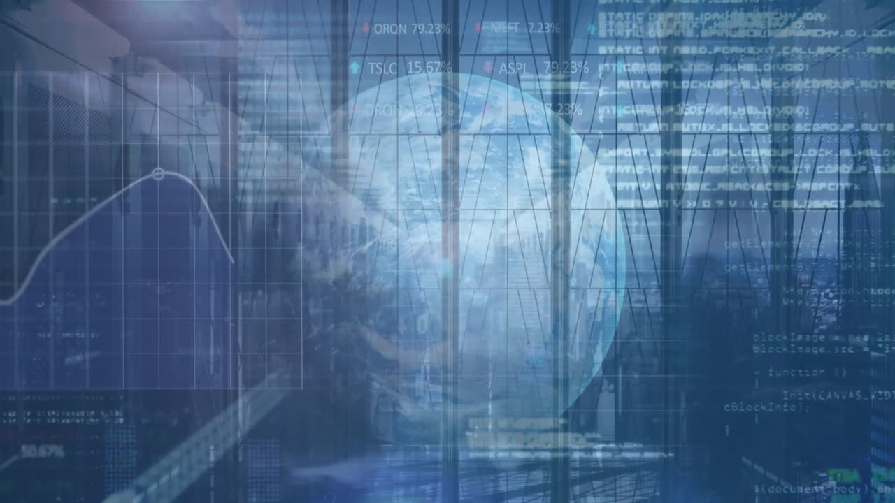 Animation of financial data processing over business people walking