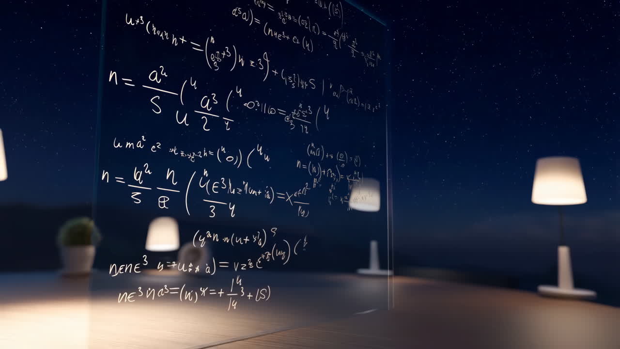 Holographic Math Equations on a Transparent Screen with a Starry Night Background