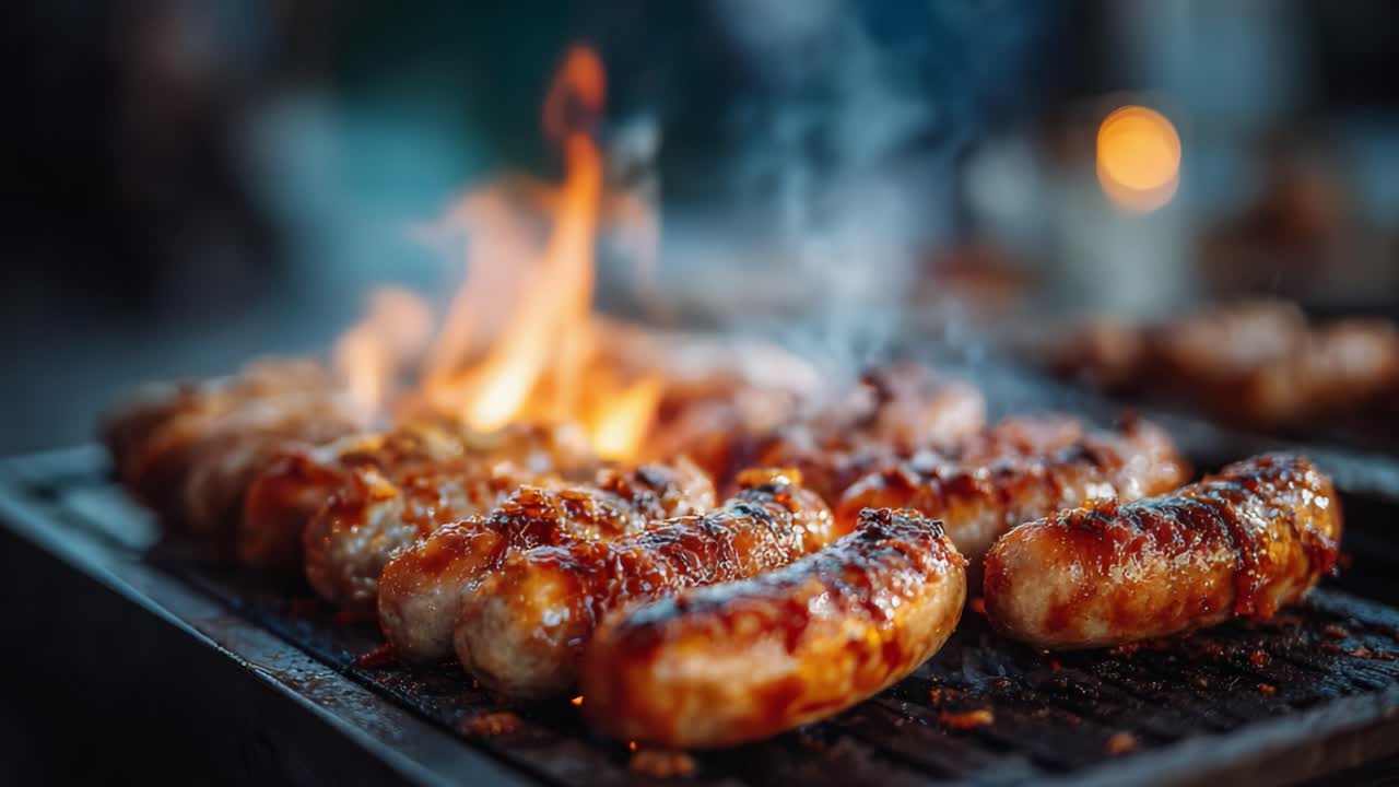 Tirisevät makkarat grillillä: Suussasulava esitys grillattuja herkkuja liekkien ja savun luodessa valloittavan kulinaarisen kokemuksen