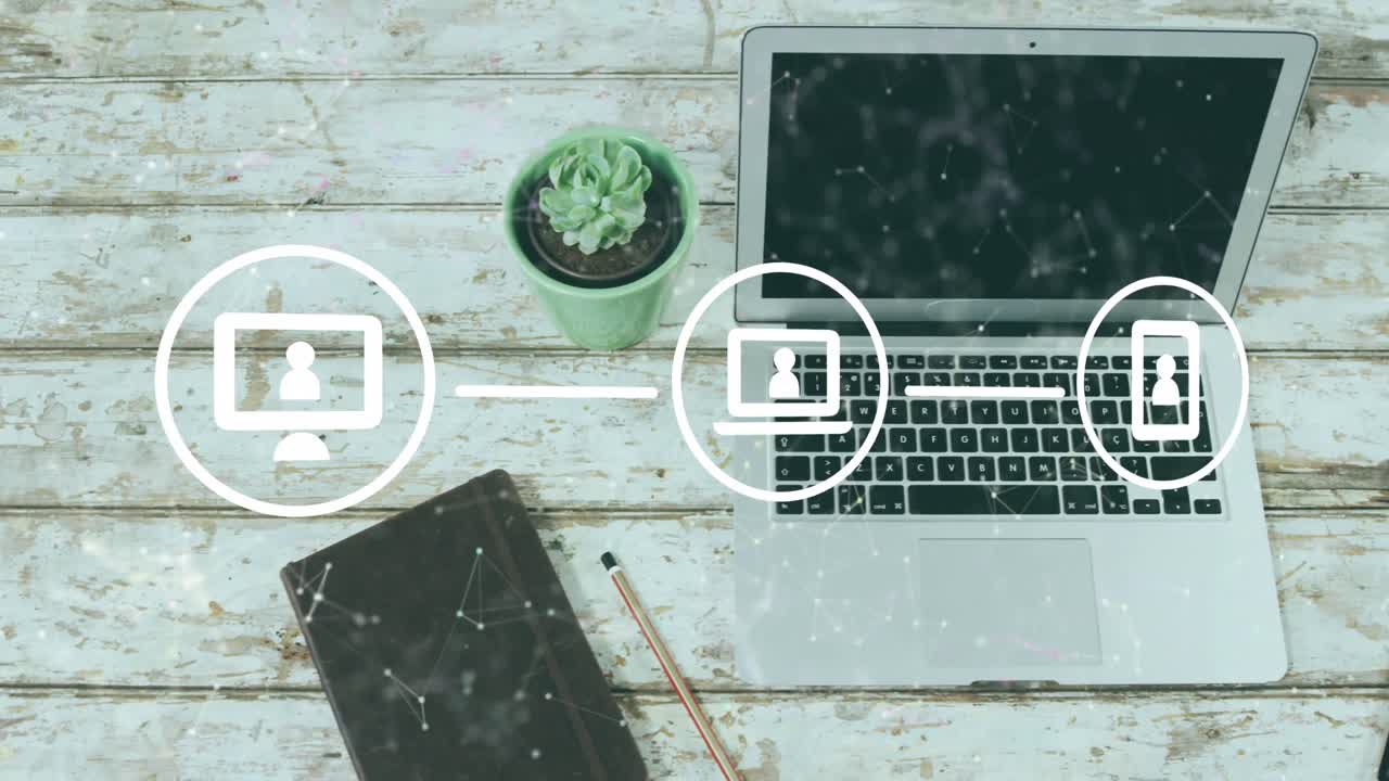 나무 표면에 노트북, 다이어리, 식물  ⁇ 비, 스마트 폰에 맞춰 디지털 아이콘 네트워크의 애니메이션