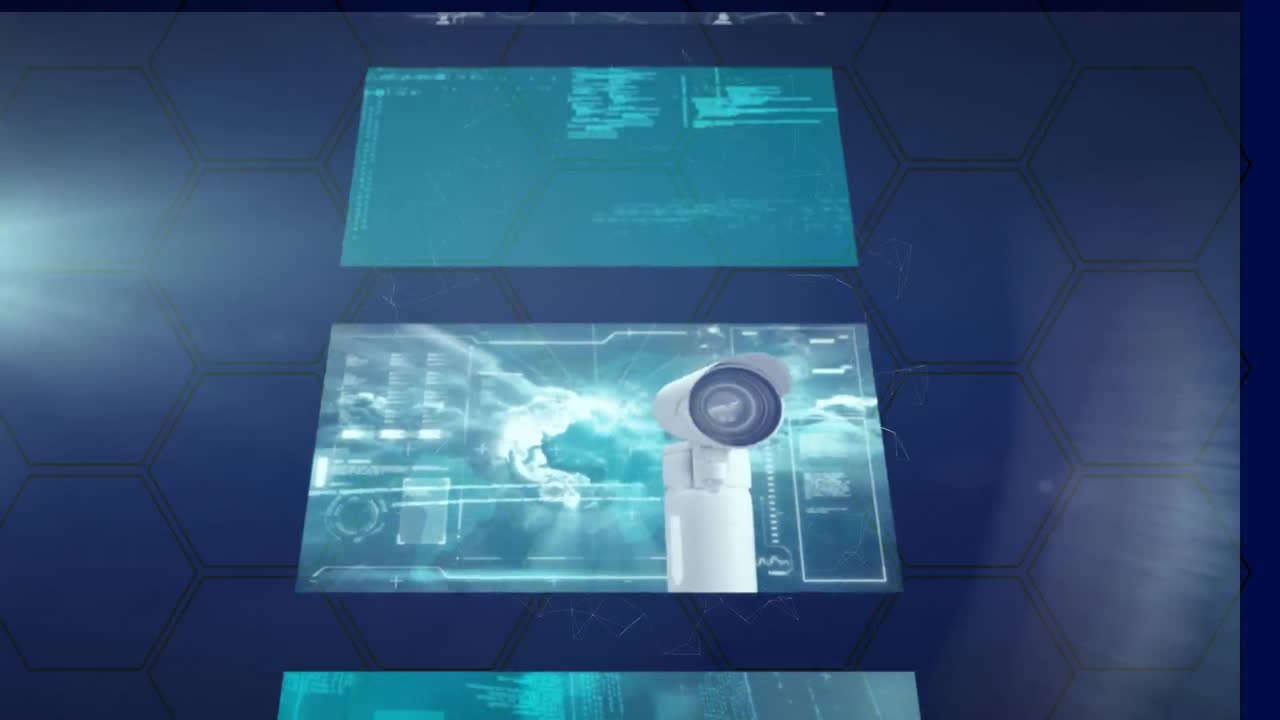 animación del procesamiento de datos sobre hexágonos sobre fondo azul