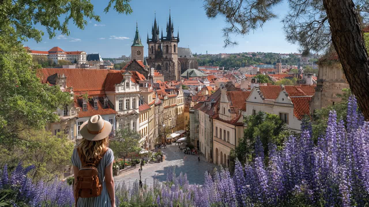 Vista mozzafiato su un paesaggio urbano storico: una meraviglia per gli amanti dei viaggi, circondata da fiori rigogliosi e splendida architettura gotica