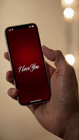 person holding a smartphone displaying "i love you" message