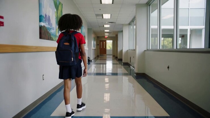 Entering from left, walking pupil in red polo navy skirt with navy backpack toward school door