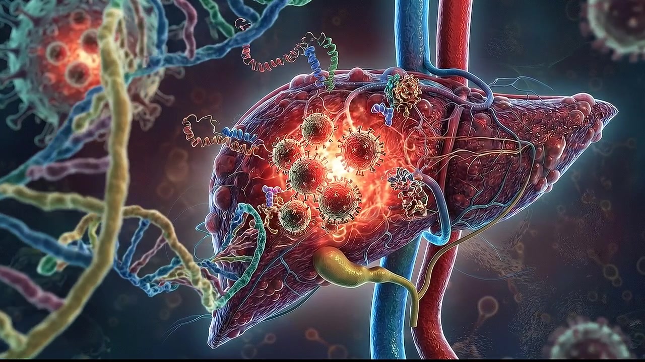 Medical Graphic Render of Virus Infection Spreading Across Human Liver Organs