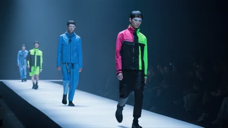 dynamic fashion showcase: models strut down the runway in vibrant and modern streetwear designs featuring bold colors and unique silhouettes in a stunning visual presentation