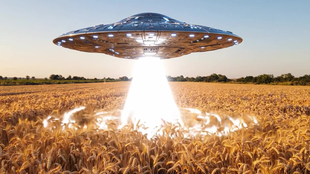 A Stunning Encounter with an Extraterrestrial Spaceship Hovering Over a Golden Wheat Field, Showcasing the Mysterious Connection Between Earth and the Cosmos