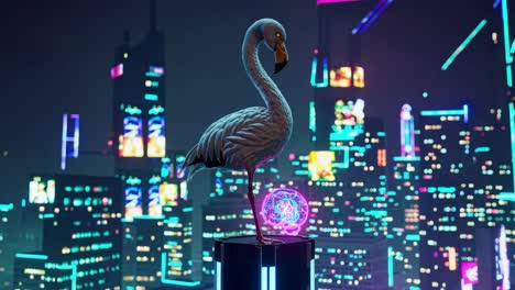 flamingo in a cyberpunk city