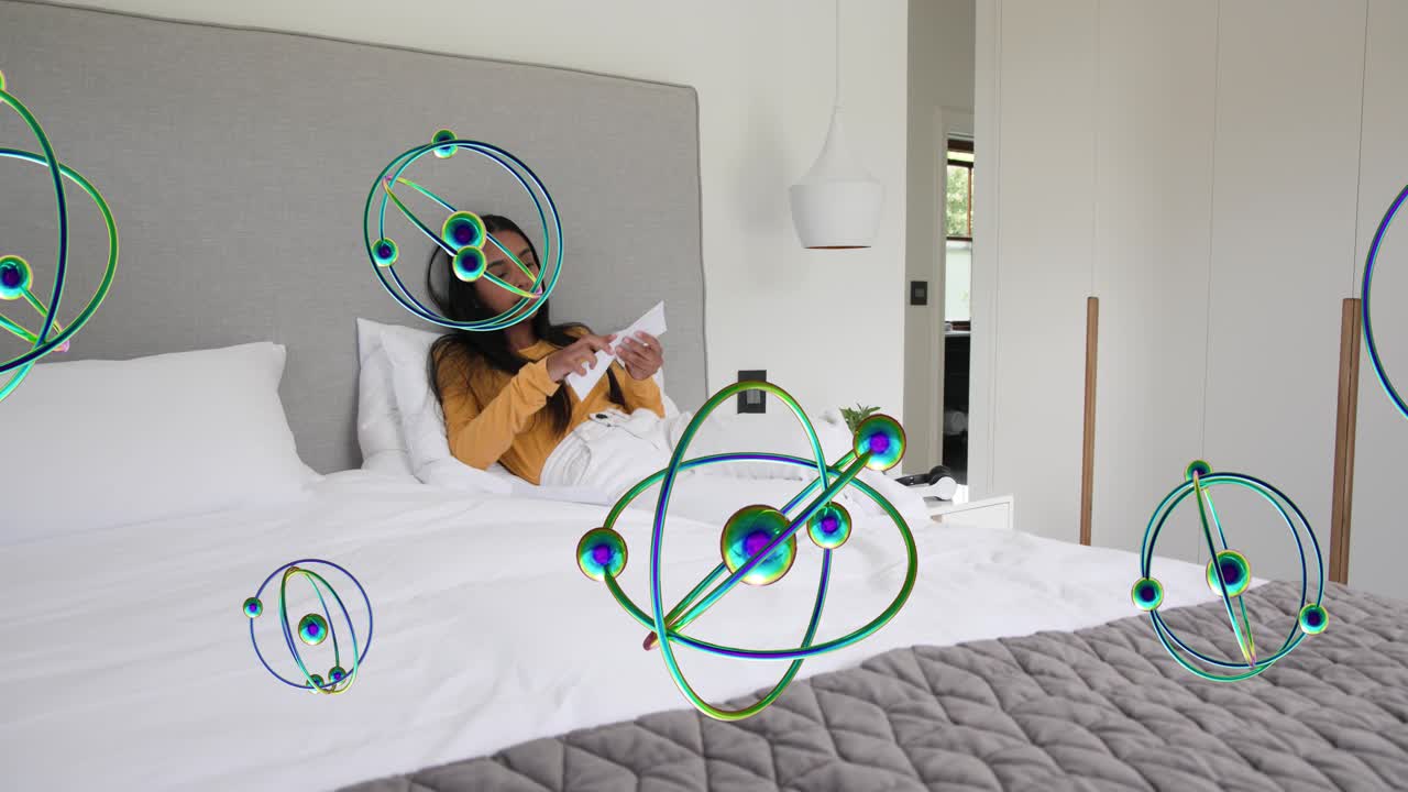 Woman entering room carrying papers creating floating orbs around her while reviewing for tech