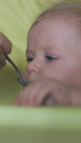 careful mommy gives fresh natural meal to adorable little son sitting in comfortable highchair at home closeup