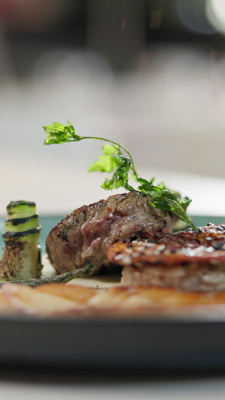 Grilled steak with zucchini and vegetable garnish