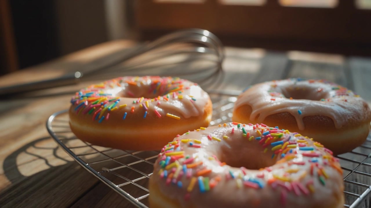 Donuts appena glassati con codette colorate su una griglia di raffreddamento