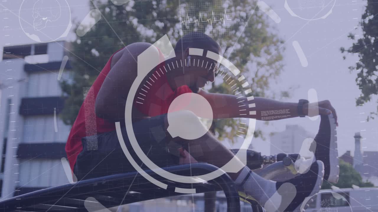 스캐너가 야외에서 운동을 하는 남성 운동선수에 대한 데이터를 처리하는 애니메이션