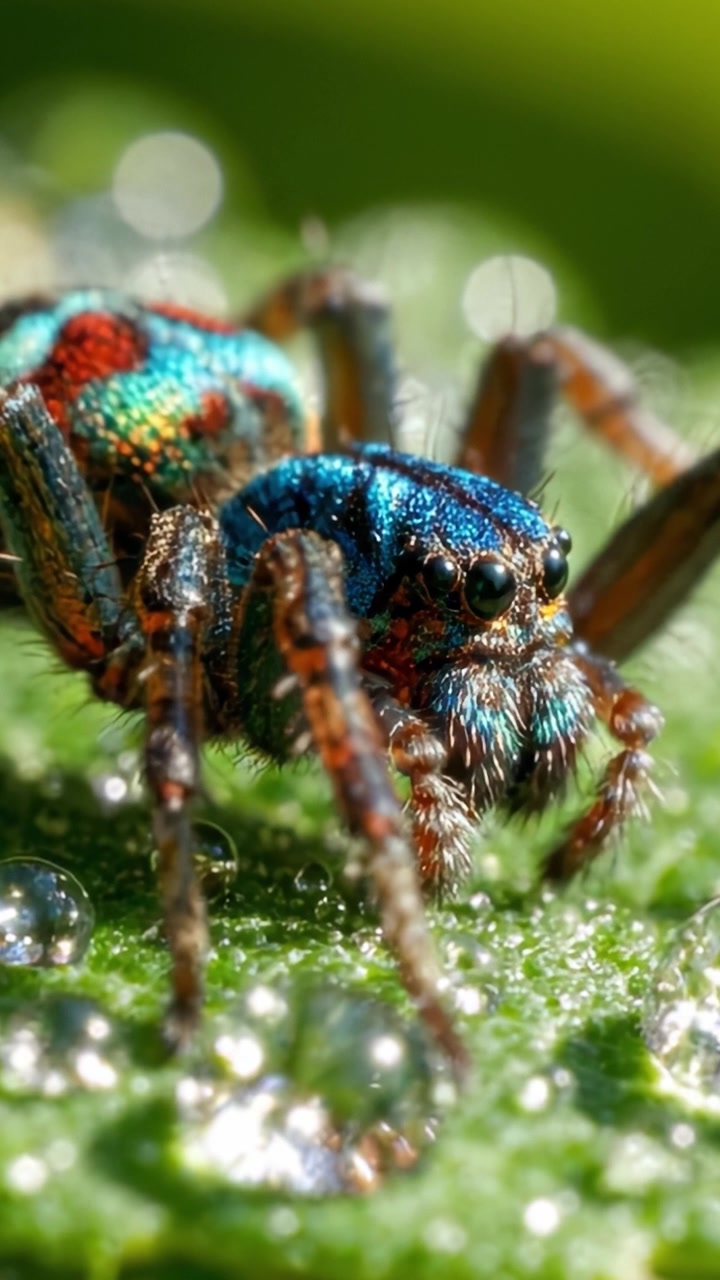 Uma Exploração de Perto de uma Aranha Vibrante Entre Gotas de Orvalho: O Detalhe Intrincado e a Maravilha Colorida da Natureza Capturados em Fotografia Macro Deslumbrante