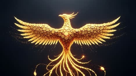 majestic golden phoenix rising: a stunning visual representation of transformation and rebirth with glittering scales, wings of fire, and ethereal sparkles in a dark background