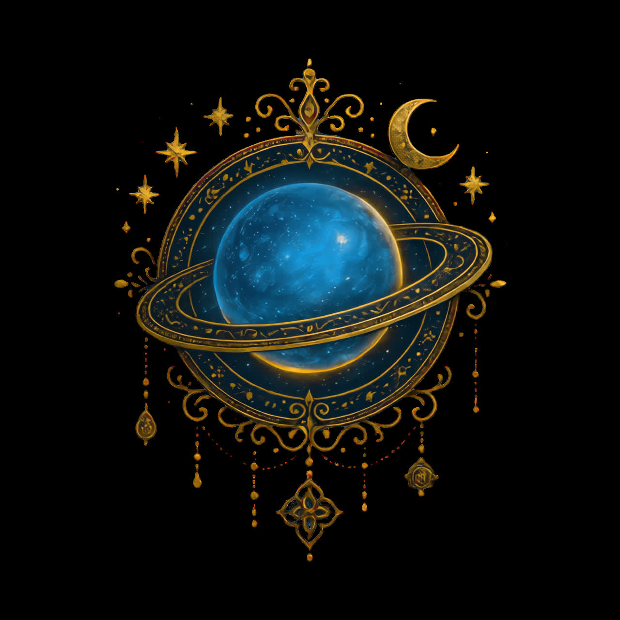 Ornate celestial design with planet animation isolated asset, transparent 4K video, alpha channel
