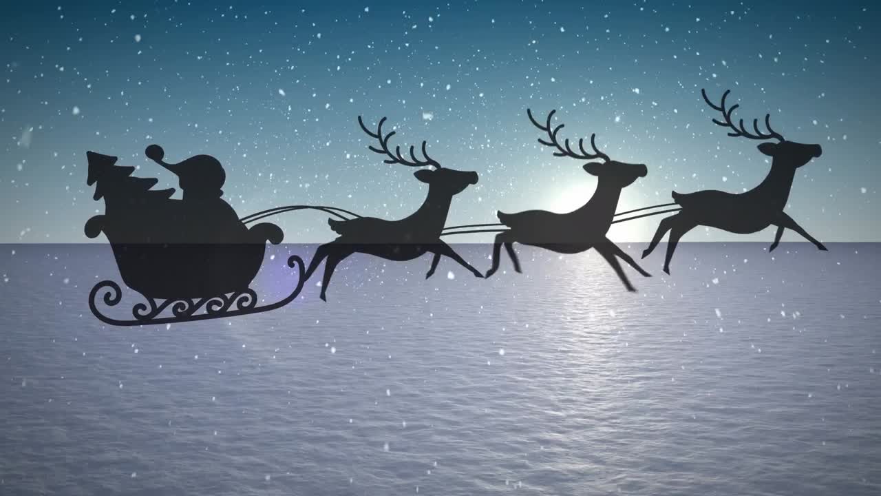 animación de santa claus en trineo con renos que pasan por el paisaje invernal de nieve