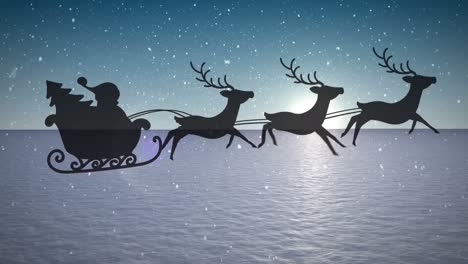 animation of santa claus in sleigh with reindeer passing over snow winter scenery