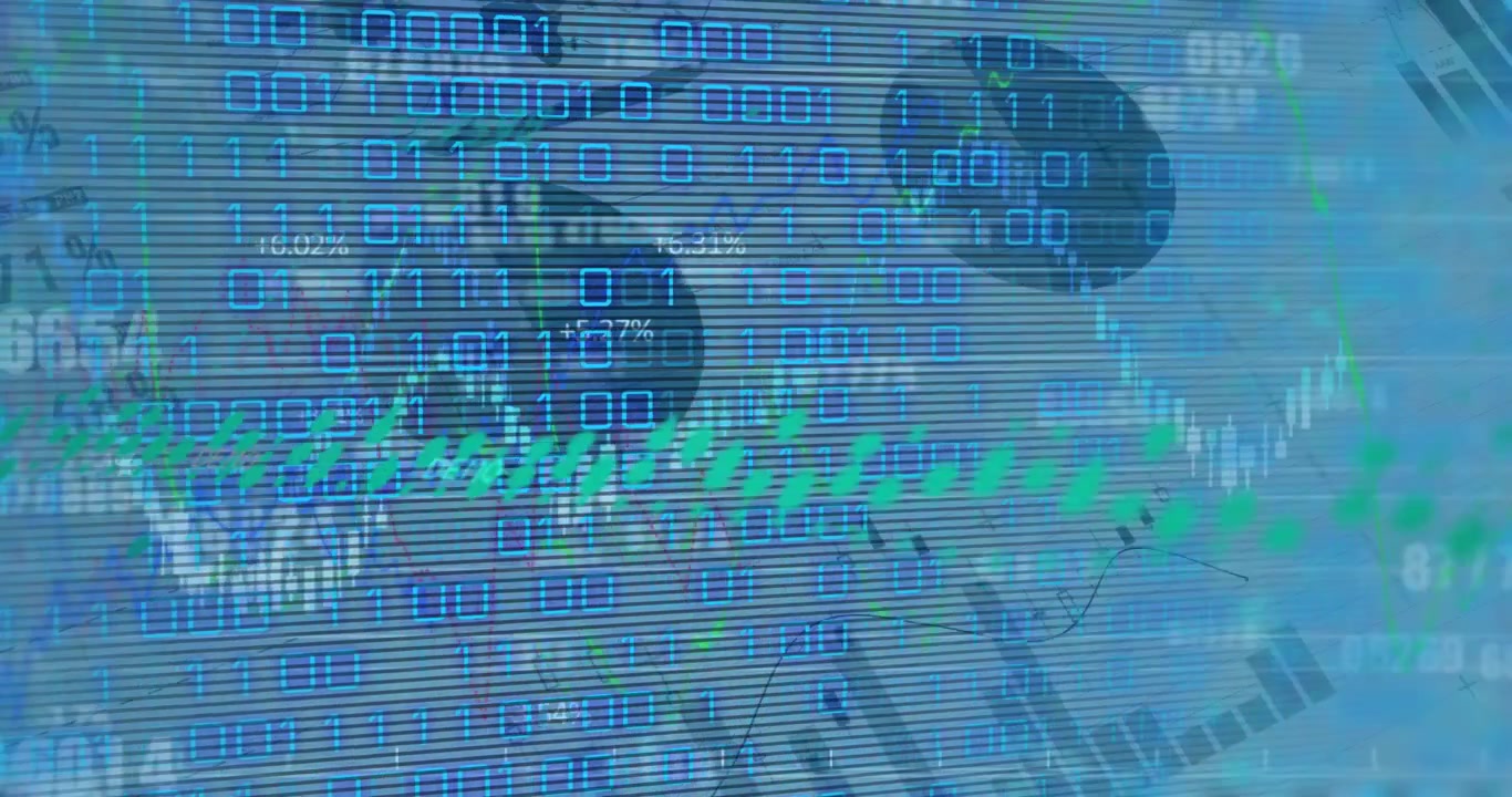 Animation af finansielle data og graf over binær kode på blå baggrund